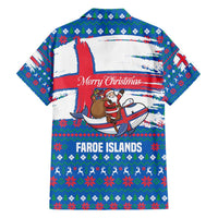 Faroe Islands Christmas Family Matching Off Shoulder Short Dress and Hawaiian Shirt with Santa Riding Whale Faroe Flag and Blue Nordic Winter Pattern Design - Wonder Print Shop