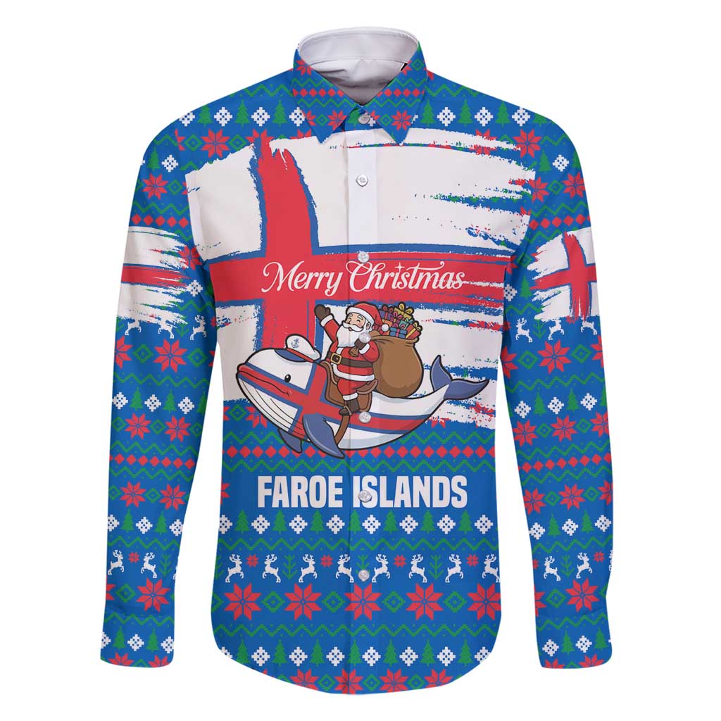 Faroe Islands Christmas Family Matching Off Shoulder Short Dress and Hawaiian Shirt with Santa Riding Whale Faroe Flag and Blue Nordic Winter Pattern Design - Wonder Print Shop