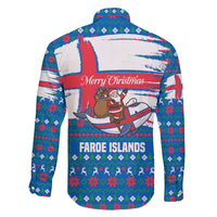 Faroe Islands Christmas Family Matching Off Shoulder Short Dress and Hawaiian Shirt with Santa Riding Whale Faroe Flag and Blue Nordic Winter Pattern Design - Wonder Print Shop