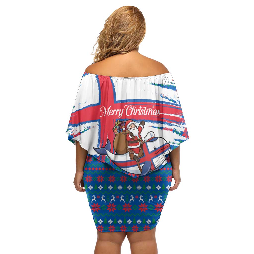 Faroe Islands Christmas Family Matching Off Shoulder Short Dress and Hawaiian Shirt with Santa Riding Whale Faroe Flag and Blue Nordic Winter Pattern Design - Wonder Print Shop