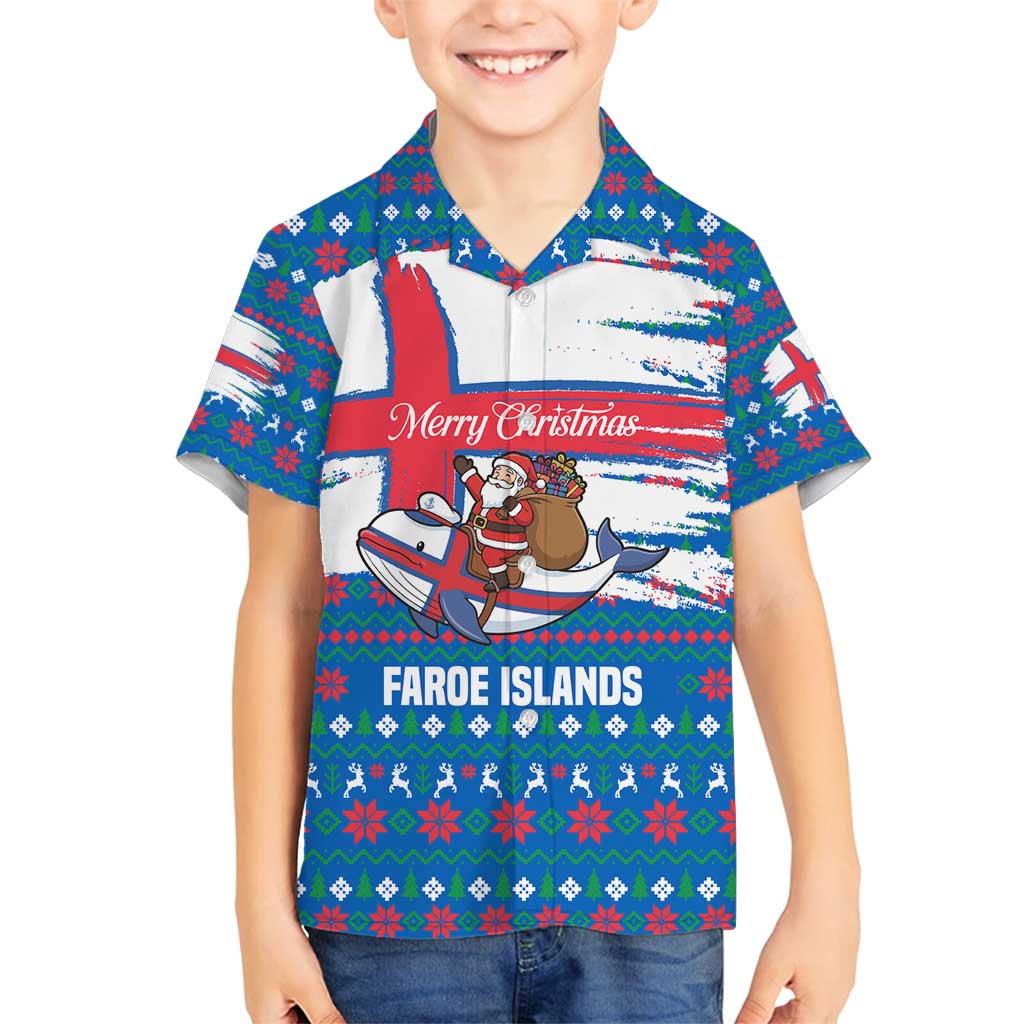 Faroe Islands Christmas Family Matching Off Shoulder Short Dress and Hawaiian Shirt with Santa Riding Whale Faroe Flag and Blue Nordic Winter Pattern Design - Wonder Print Shop