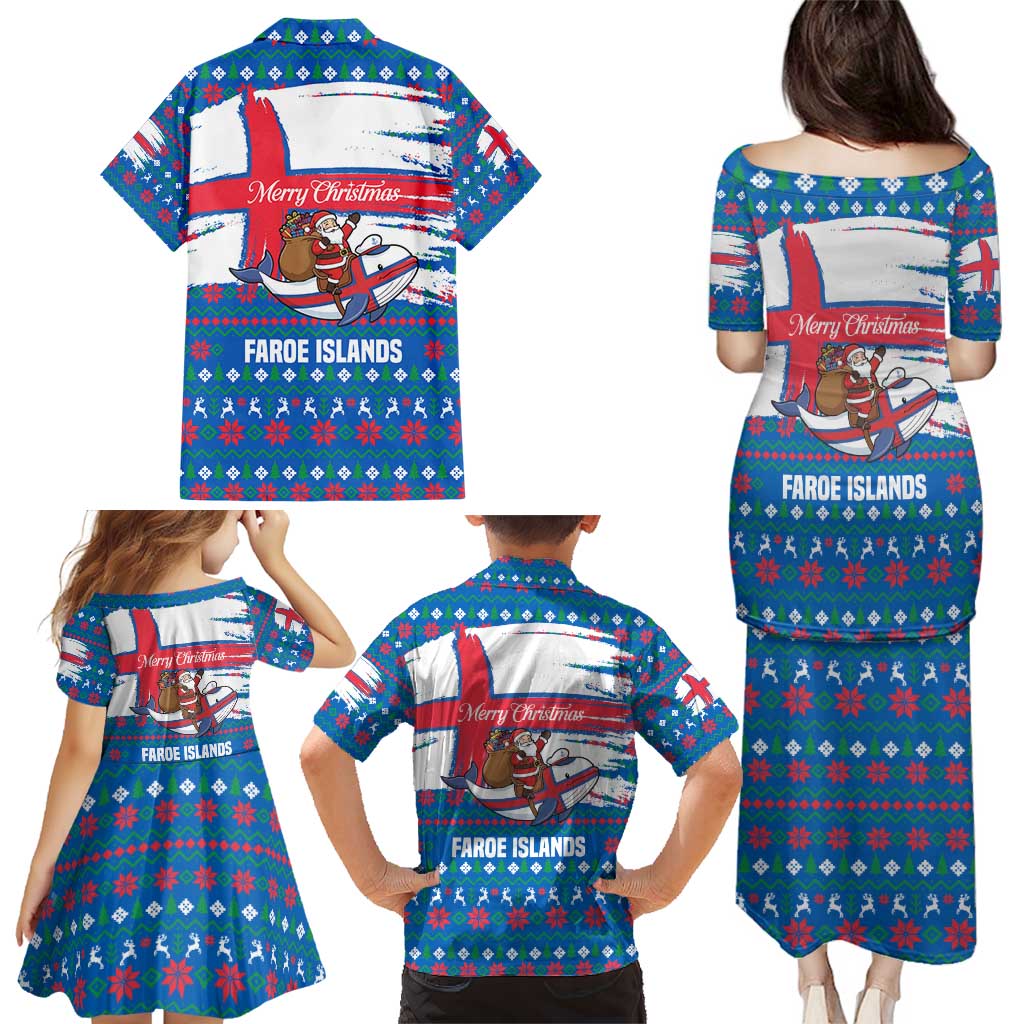 Faroe Islands Christmas Family Matching Puletasi and Hawaiian Shirt with Santa Riding Whale Faroe Flag and Blue Nordic Winter Pattern Design - Wonder Print Shop