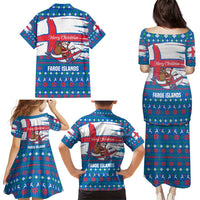 Faroe Islands Christmas Family Matching Puletasi and Hawaiian Shirt with Santa Riding Whale Faroe Flag and Blue Nordic Winter Pattern Design - Wonder Print Shop