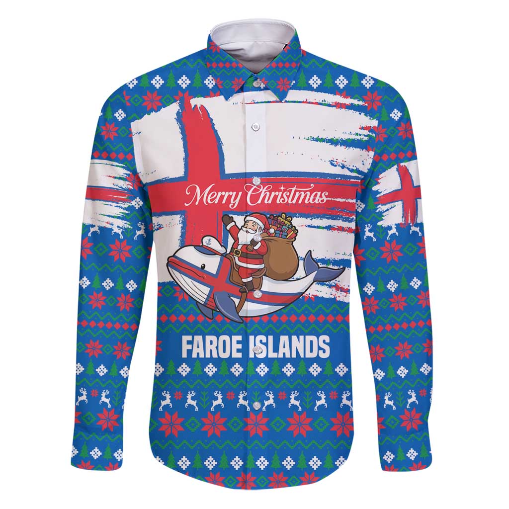 Faroe Islands Christmas Family Matching Puletasi and Hawaiian Shirt with Santa Riding Whale Faroe Flag and Blue Nordic Winter Pattern Design - Wonder Print Shop