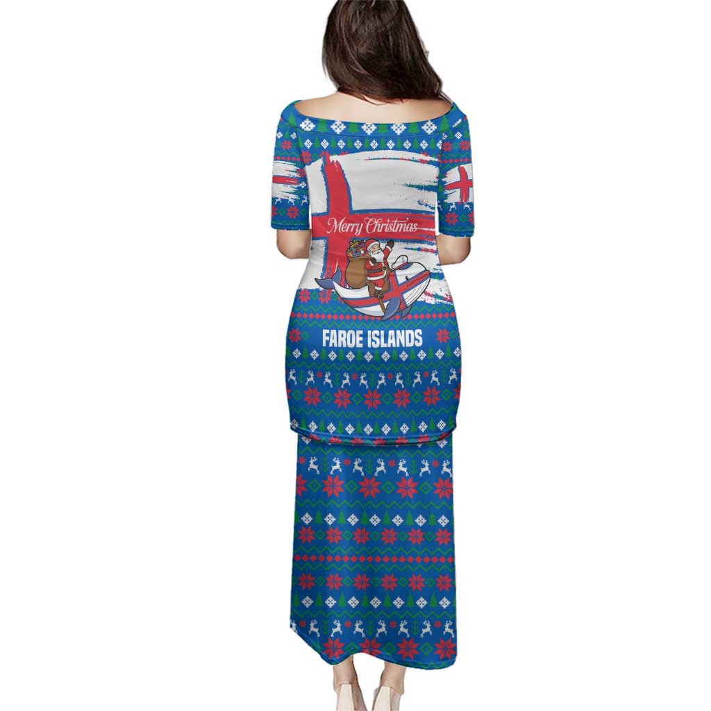 Faroe Islands Christmas Family Matching Puletasi and Hawaiian Shirt with Santa Riding Whale Faroe Flag and Blue Nordic Winter Pattern Design - Wonder Print Shop
