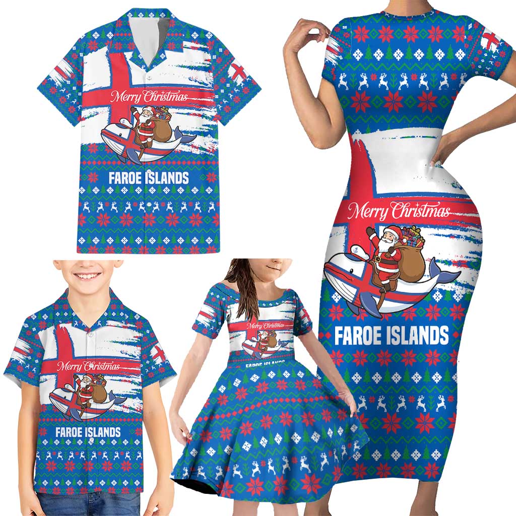 Faroe Islands Christmas Family Matching Short Sleeve Bodycon Dress and Hawaiian Shirt with Santa Riding Whale Faroe Flag and Blue Nordic Winter Pattern Design - Wonder Print Shop