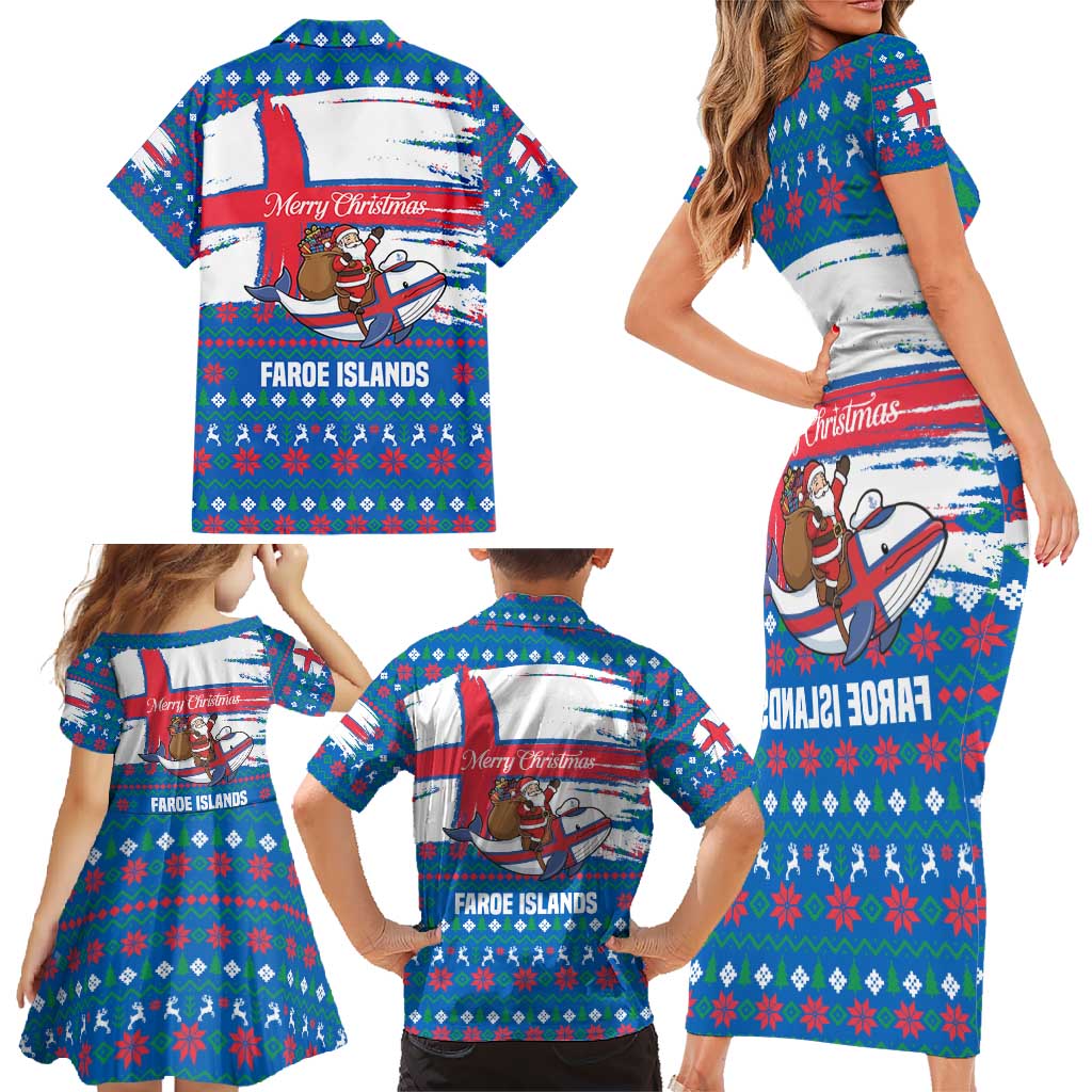 Faroe Islands Christmas Family Matching Short Sleeve Bodycon Dress and Hawaiian Shirt with Santa Riding Whale Faroe Flag and Blue Nordic Winter Pattern Design - Wonder Print Shop