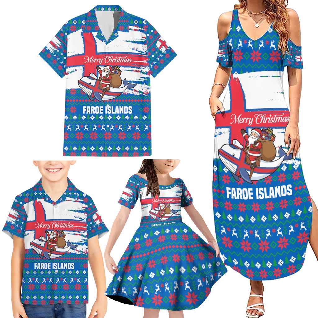 Faroe Islands Christmas Family Matching Summer Maxi Dress and Hawaiian Shirt with Santa Riding Whale Faroe Flag and Blue Nordic Winter Pattern Design - Wonder Print Shop