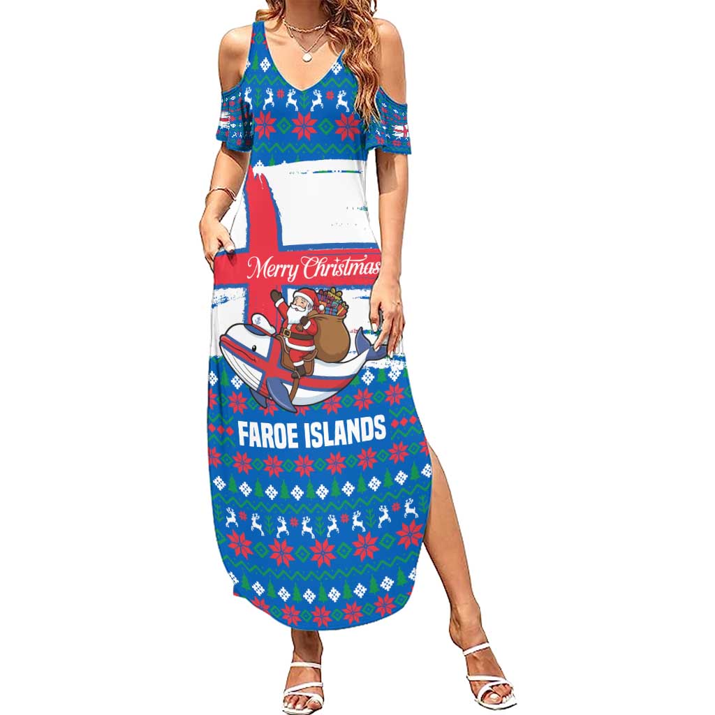 Faroe Islands Christmas Family Matching Summer Maxi Dress and Hawaiian Shirt with Santa Riding Whale Faroe Flag and Blue Nordic Winter Pattern Design - Wonder Print Shop