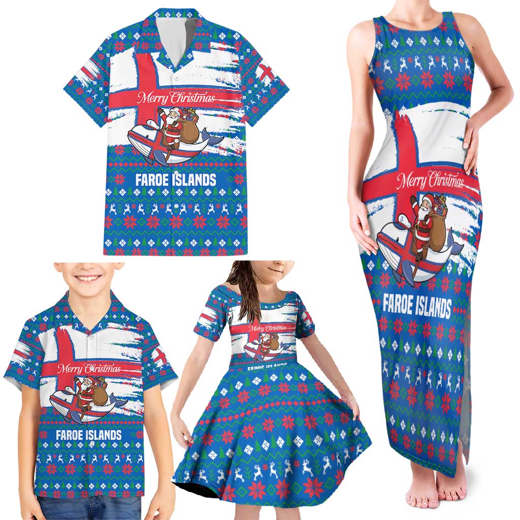 Faroe Islands Christmas Family Matching Tank Maxi Dress and Hawaiian Shirt with Santa Riding Whale Faroe Flag and Blue Nordic Winter Pattern Design - Wonder Print Shop