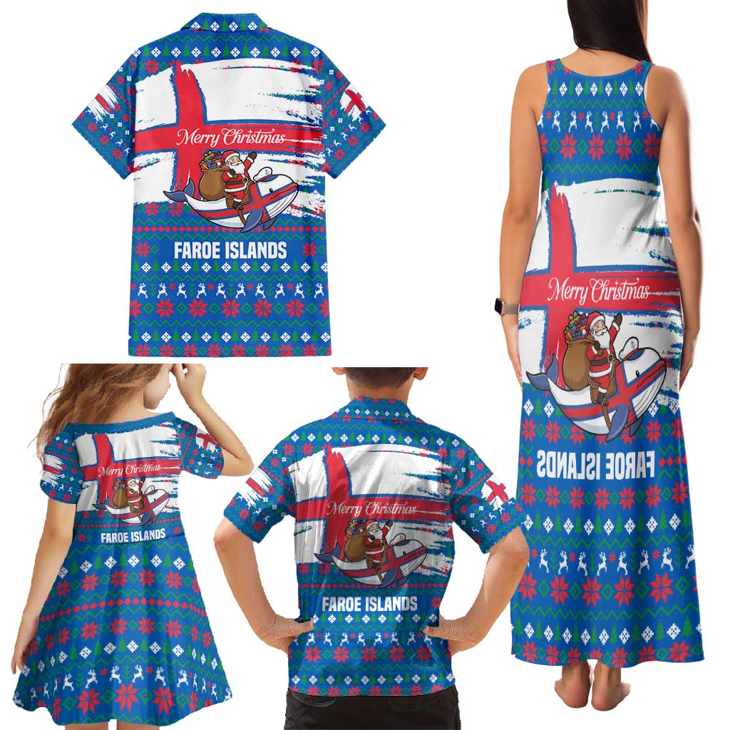 Faroe Islands Christmas Family Matching Tank Maxi Dress and Hawaiian Shirt with Santa Riding Whale Faroe Flag and Blue Nordic Winter Pattern Design - Wonder Print Shop