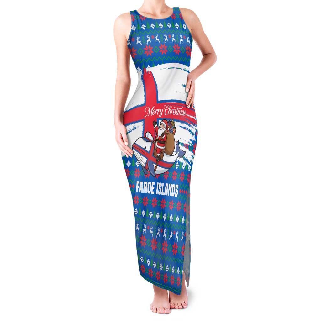 Faroe Islands Christmas Family Matching Tank Maxi Dress and Hawaiian Shirt with Santa Riding Whale Faroe Flag and Blue Nordic Winter Pattern Design - Wonder Print Shop