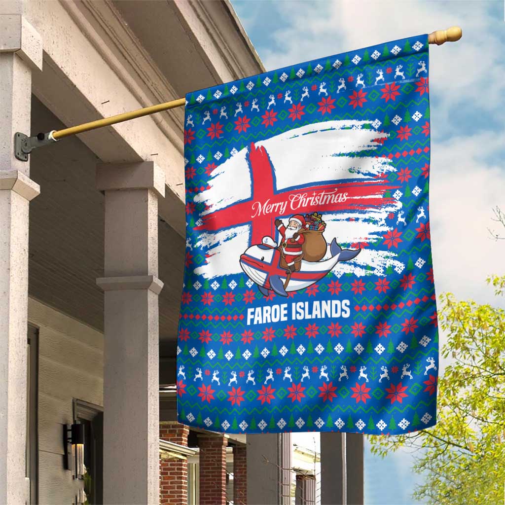 Faroe Islands Christmas Garden Flag with Santa Riding Whale Faroe Flag and Blue Nordic Winter Pattern Design - Wonder Print Shop
