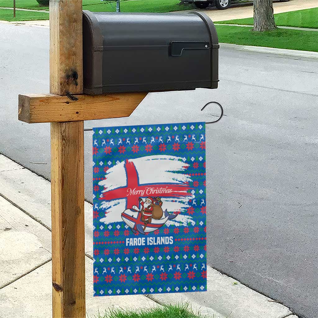 Faroe Islands Christmas Garden Flag with Santa Riding Whale Faroe Flag and Blue Nordic Winter Pattern Design - Wonder Print Shop