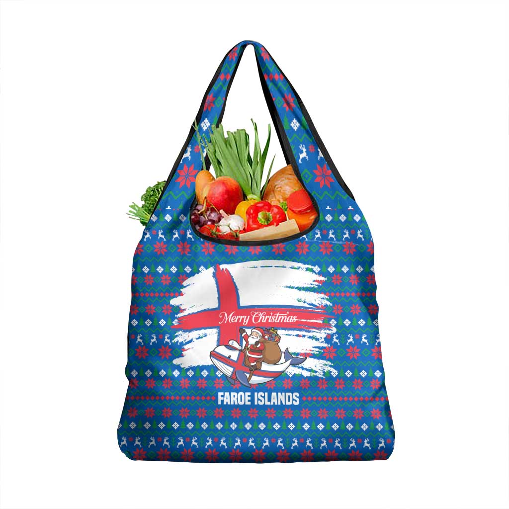 Faroe Islands Christmas Grocery Bag with Santa Riding Whale Faroe Flag and Blue Nordic Winter Pattern Design - Wonder Print Shop