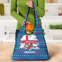 Faroe Islands Christmas Grocery Bag with Santa Riding Whale Faroe Flag and Blue Nordic Winter Pattern Design - Wonder Print Shop