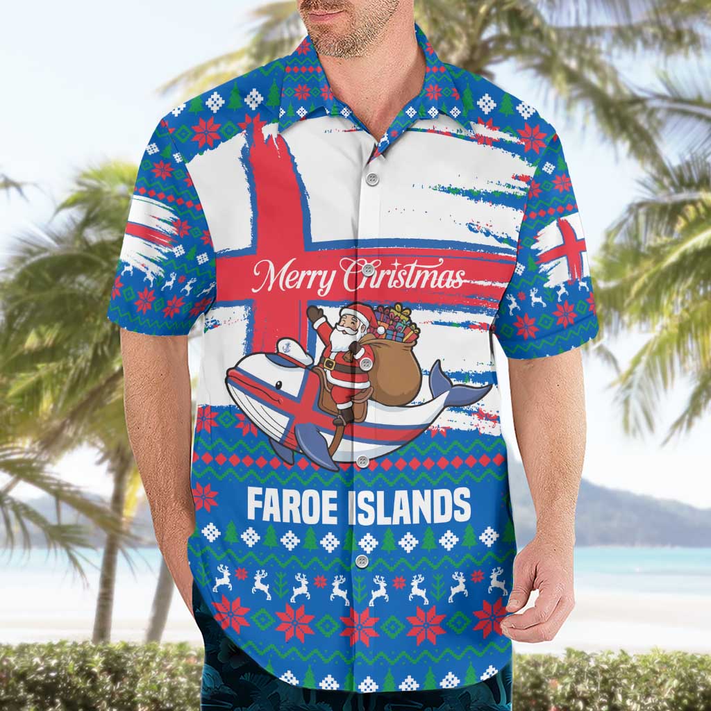 Faroe Islands Christmas Hawaiian Shirt with Santa Riding Whale Faroe Flag and Blue Nordic Winter Pattern Design - Wonder Print Shop