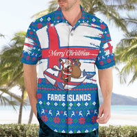 Faroe Islands Christmas Hawaiian Shirt with Santa Riding Whale Faroe Flag and Blue Nordic Winter Pattern Design - Wonder Print Shop
