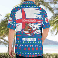 Faroe Islands Christmas Hawaiian Shirt with Santa Riding Whale Faroe Flag and Blue Nordic Winter Pattern Design - Wonder Print Shop