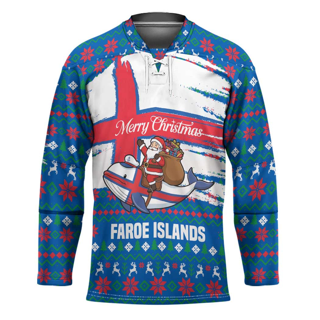 Faroe Islands Christmas Hockey Jersey with Santa Riding Whale Faroe Flag and Blue Nordic Winter Pattern Design - Wonder Print Shop