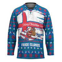 Faroe Islands Christmas Hockey Jersey with Santa Riding Whale Faroe Flag and Blue Nordic Winter Pattern Design - Wonder Print Shop