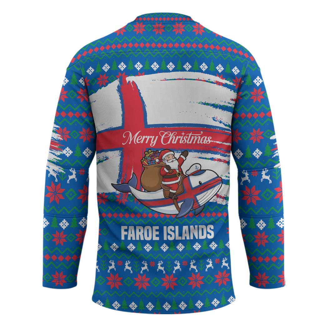 Faroe Islands Christmas Hockey Jersey with Santa Riding Whale Faroe Flag and Blue Nordic Winter Pattern Design - Wonder Print Shop