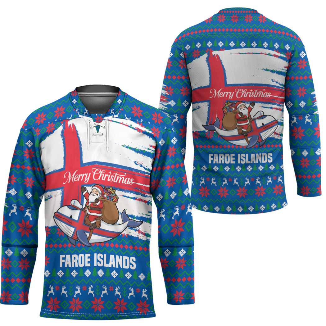 Faroe Islands Christmas Hockey Jersey with Santa Riding Whale Faroe Flag and Blue Nordic Winter Pattern Design - Wonder Print Shop