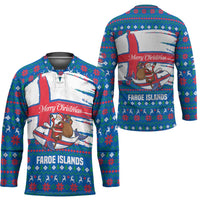 Faroe Islands Christmas Hockey Jersey with Santa Riding Whale Faroe Flag and Blue Nordic Winter Pattern Design - Wonder Print Shop