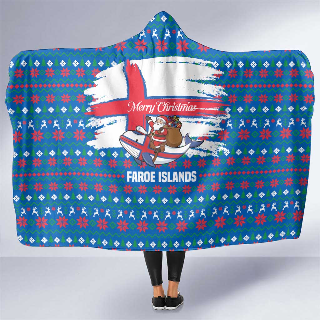 Faroe Islands Christmas Hooded Blanket with Santa Riding Whale Faroe Flag and Blue Nordic Winter Pattern Design - Wonder Print Shop