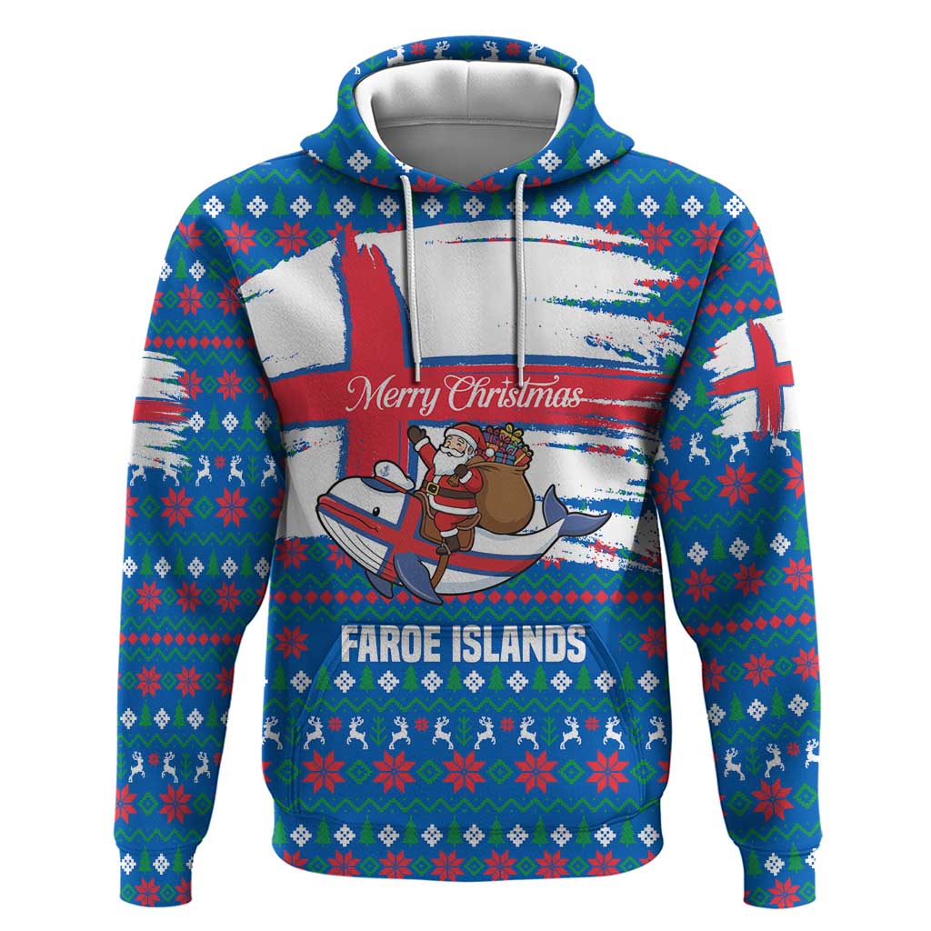 Faroe Islands Christmas Hoodie with Santa Riding Whale Faroe Flag and Blue Nordic Winter Pattern Design - Wonder Print Shop