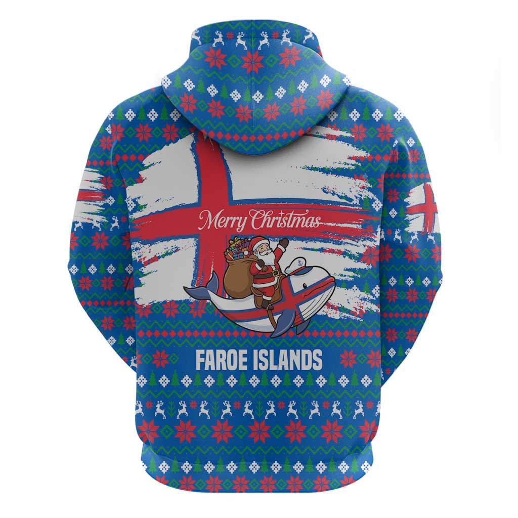 Faroe Islands Christmas Hoodie with Santa Riding Whale Faroe Flag and Blue Nordic Winter Pattern Design - Wonder Print Shop