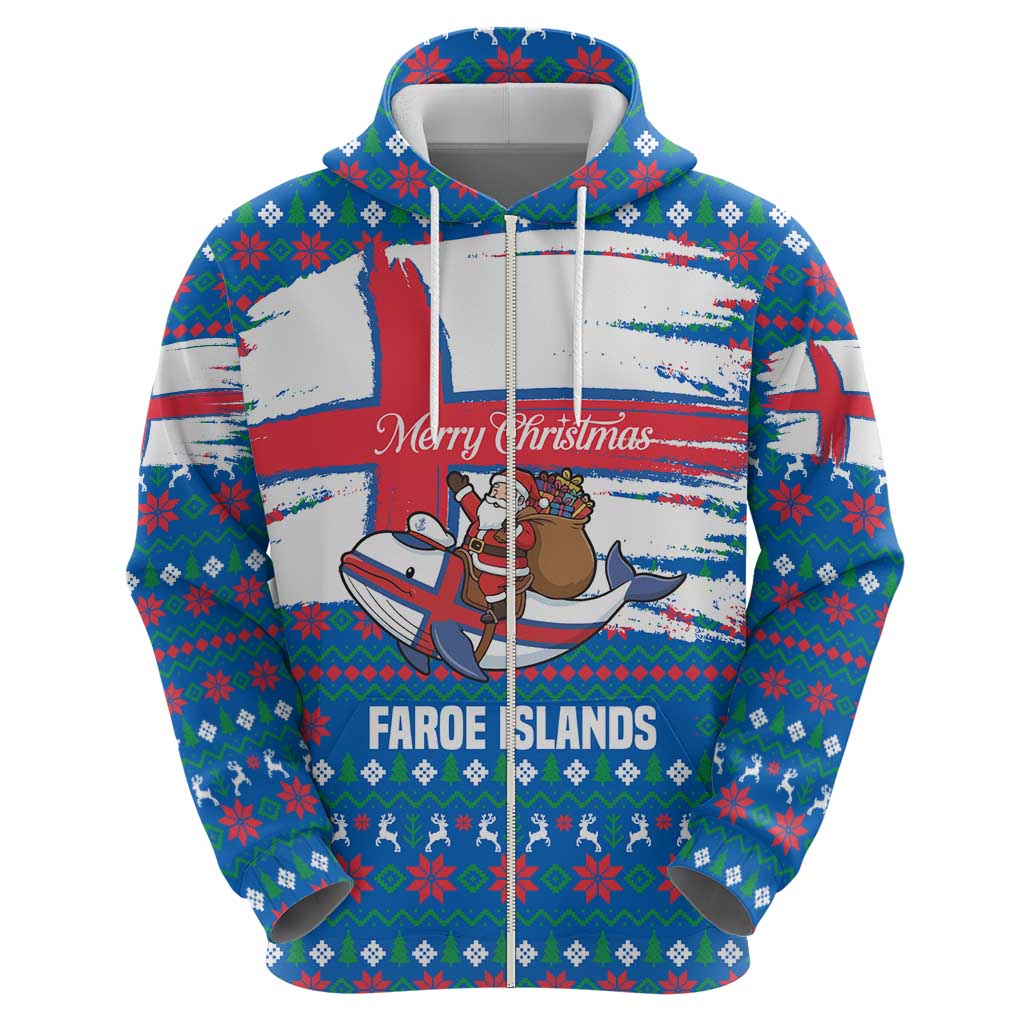 Faroe Islands Christmas Hoodie with Santa Riding Whale Faroe Flag and Blue Nordic Winter Pattern Design - Wonder Print Shop
