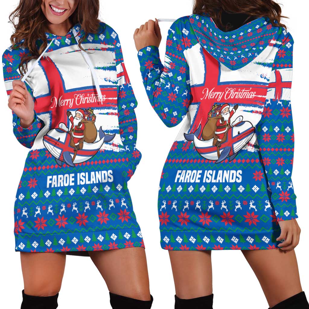 Faroe Islands Christmas Hoodie Dress with Santa Riding Whale Faroe Flag and Blue Nordic Winter Pattern Design - Wonder Print Shop