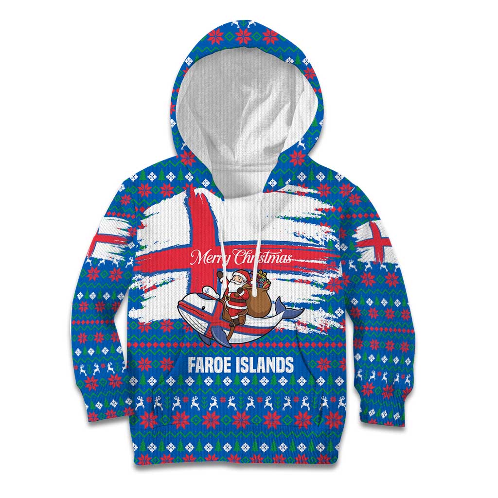 Faroe Islands Christmas Kid Hoodie with Santa Riding Whale Faroe Flag and Blue Nordic Winter Pattern Design - Wonder Print Shop