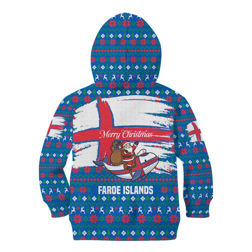Faroe Islands Christmas Kid Hoodie with Santa Riding Whale Faroe Flag and Blue Nordic Winter Pattern Design - Wonder Print Shop