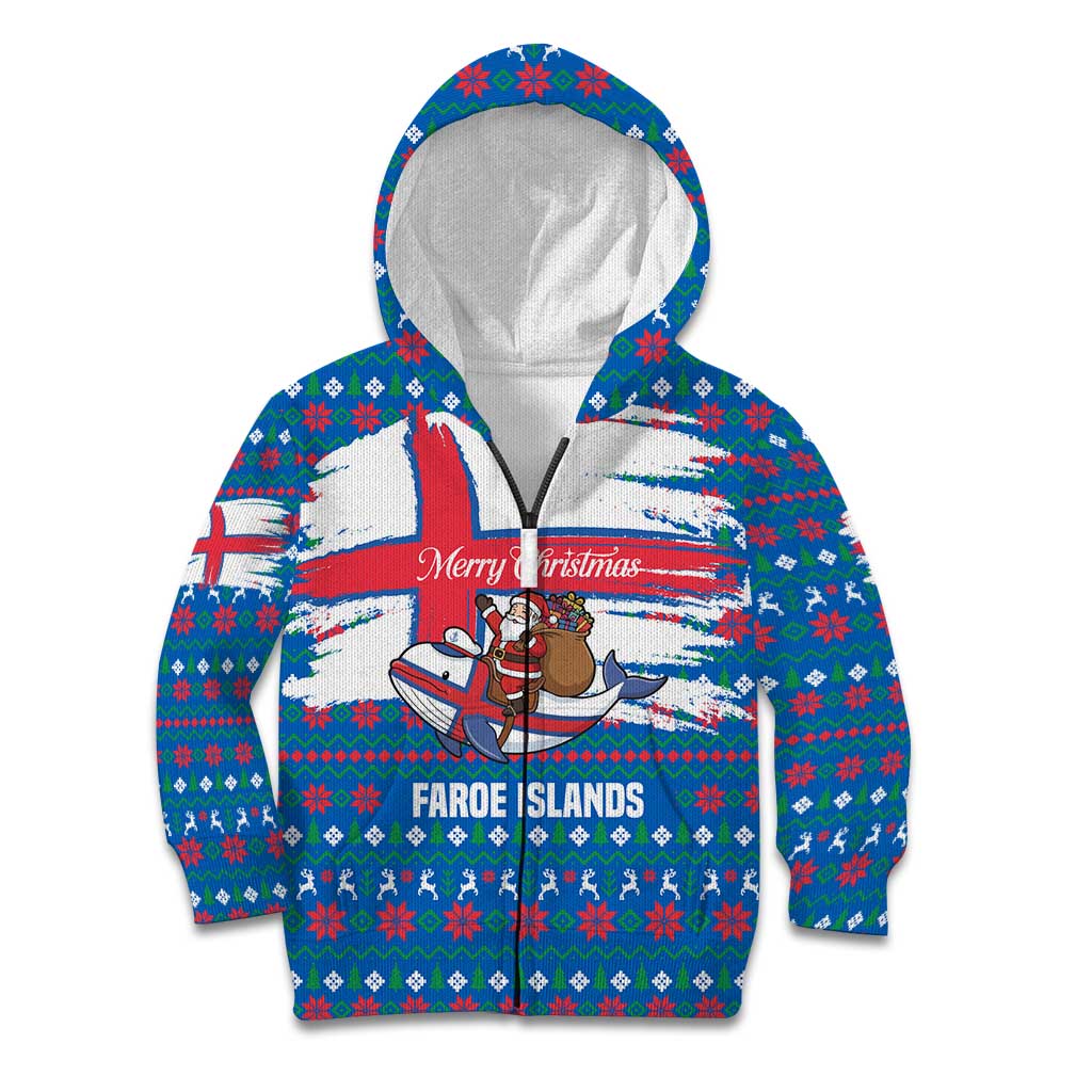Faroe Islands Christmas Kid Hoodie with Santa Riding Whale Faroe Flag and Blue Nordic Winter Pattern Design - Wonder Print Shop