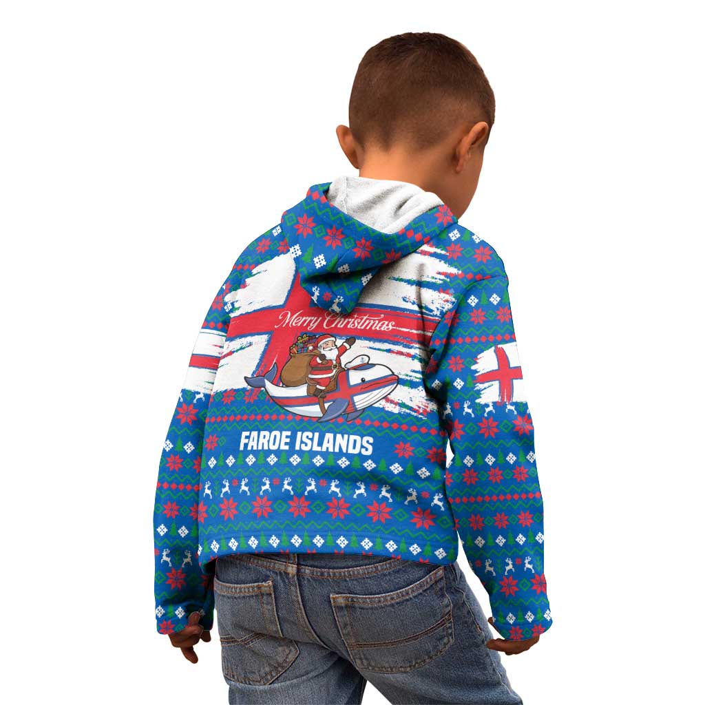 Faroe Islands Christmas Kid Hoodie with Santa Riding Whale Faroe Flag and Blue Nordic Winter Pattern Design - Wonder Print Shop