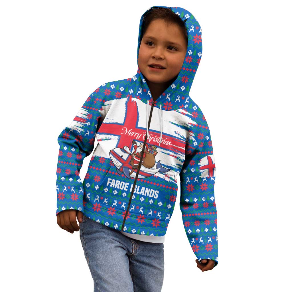 Faroe Islands Christmas Kid Hoodie with Santa Riding Whale Faroe Flag and Blue Nordic Winter Pattern Design - Wonder Print Shop