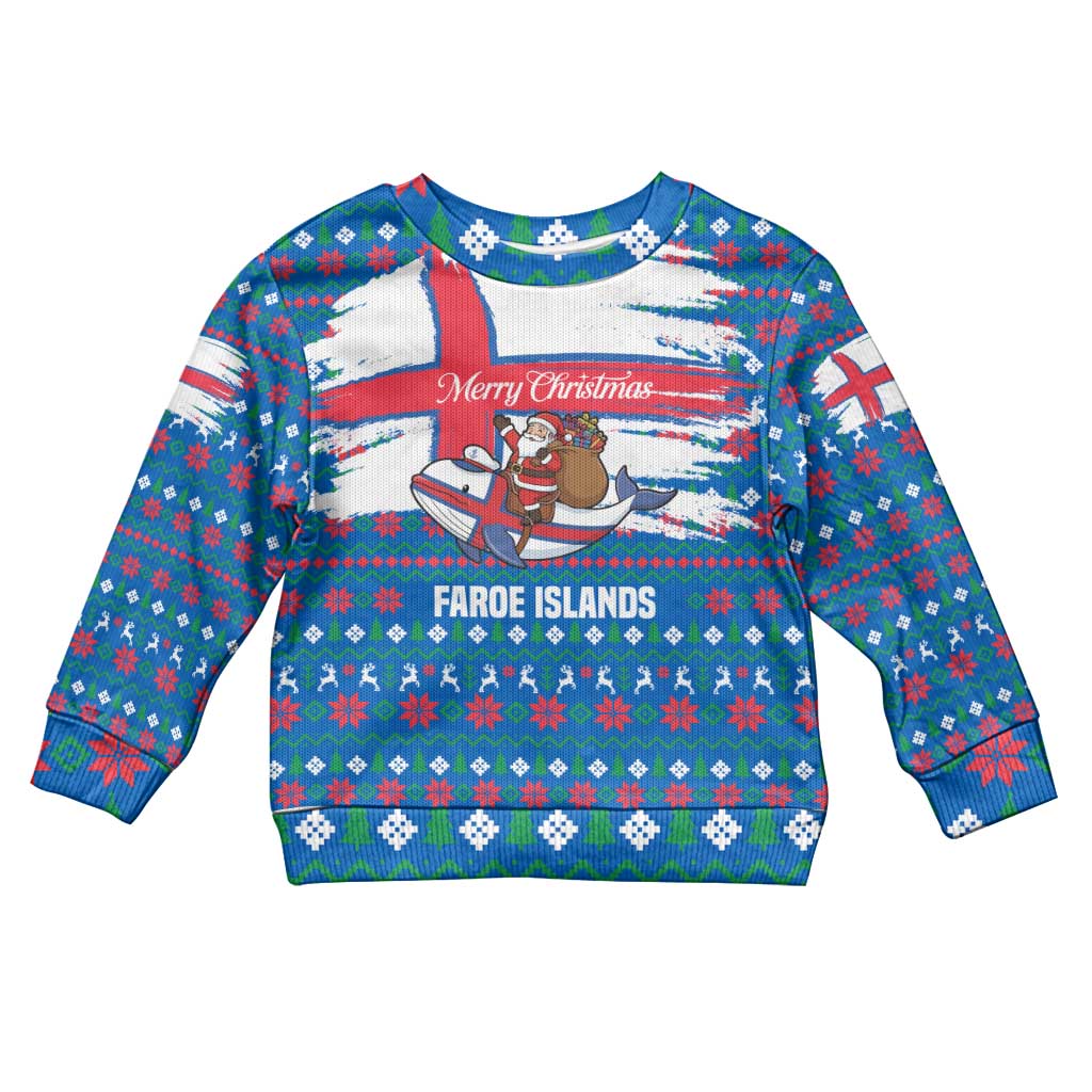 Faroe Islands Christmas Kid Ugly Christmas Sweater with Santa Riding Whale Faroe Flag and Blue Nordic Winter Pattern Design - Wonder Print Shop