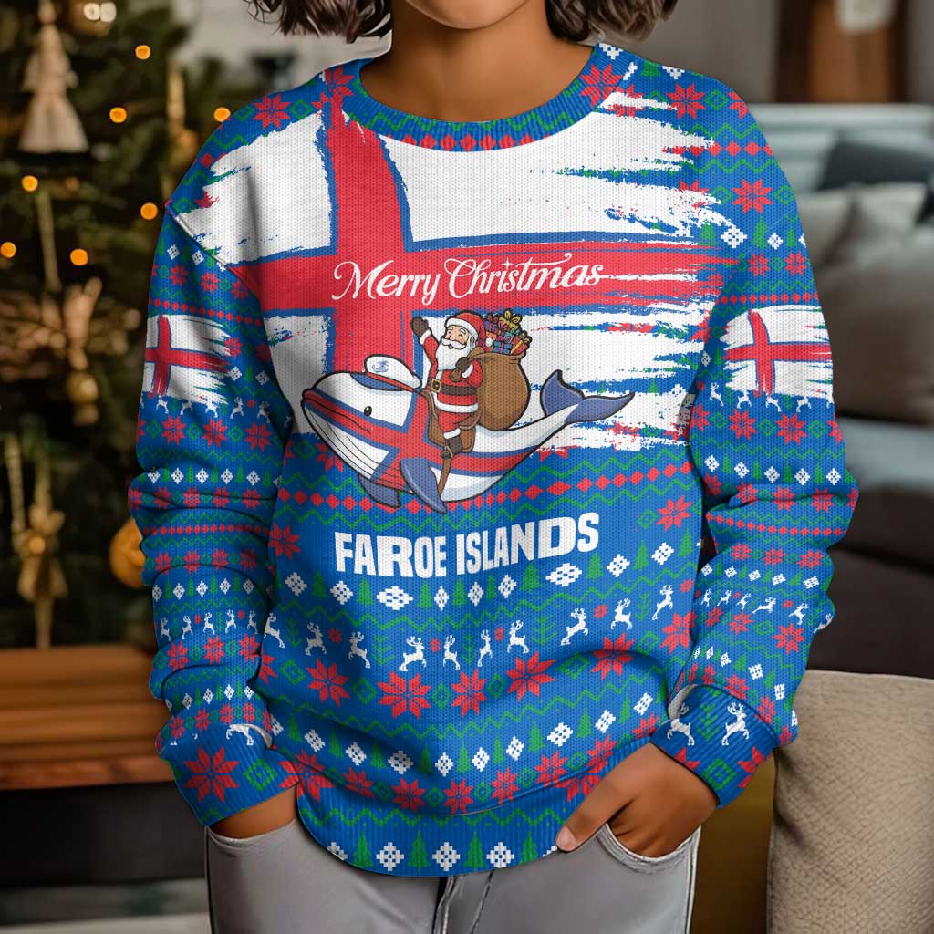 Faroe Islands Christmas Kid Ugly Christmas Sweater with Santa Riding Whale Faroe Flag and Blue Nordic Winter Pattern Design - Wonder Print Shop