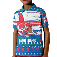 Faroe Islands Christmas Kid Polo Shirt with Santa Riding Whale Faroe Flag and Blue Nordic Winter Pattern Design - Wonder Print Shop
