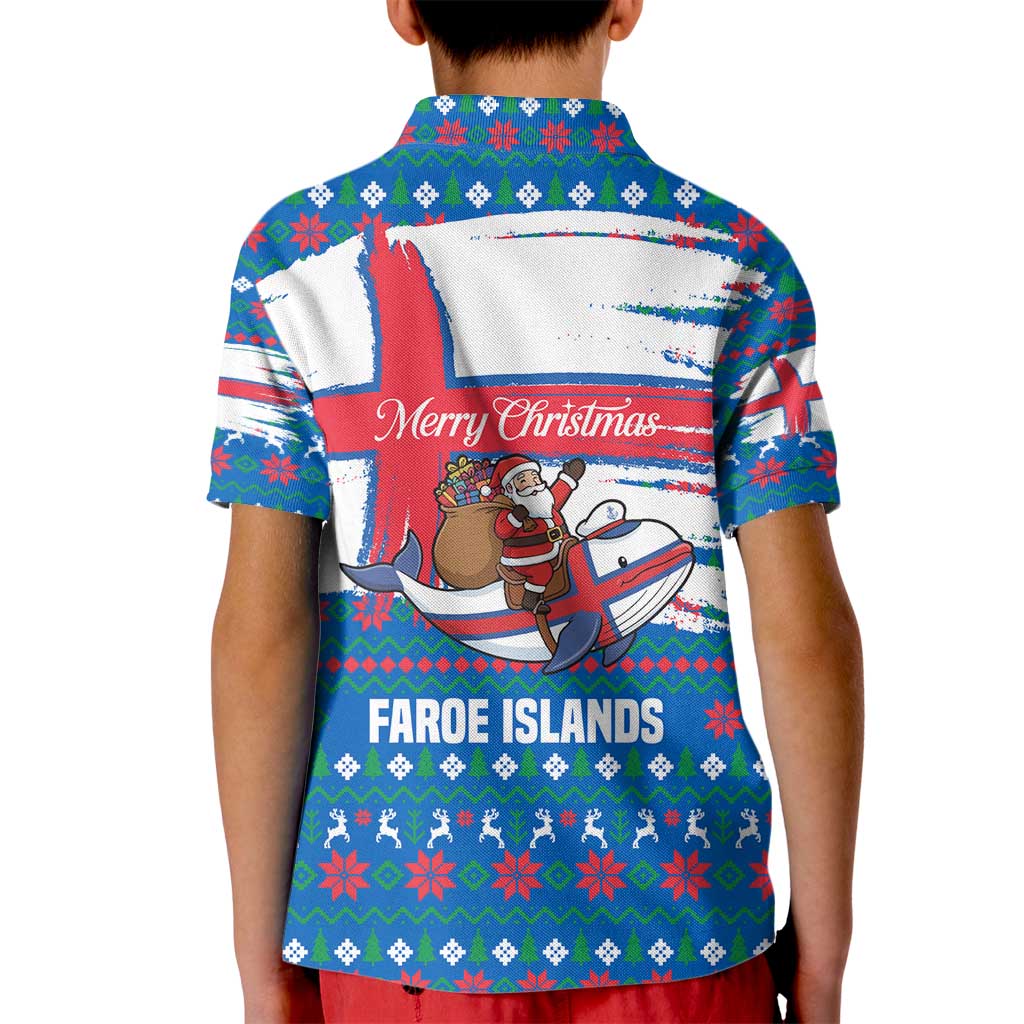 Faroe Islands Christmas Kid Polo Shirt with Santa Riding Whale Faroe Flag and Blue Nordic Winter Pattern Design - Wonder Print Shop