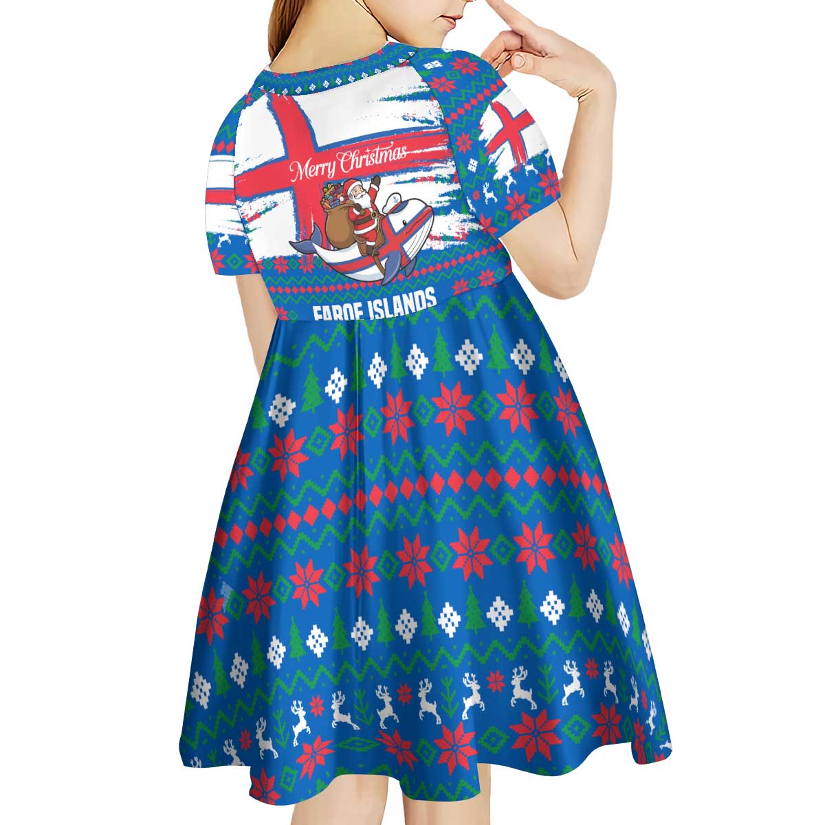 Faroe Islands Christmas Kid Short Sleeve Dress with Santa Riding Whale Faroe Flag and Blue Nordic Winter Pattern Design - Wonder Print Shop
