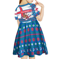 Faroe Islands Christmas Kid Short Sleeve Dress with Santa Riding Whale Faroe Flag and Blue Nordic Winter Pattern Design - Wonder Print Shop