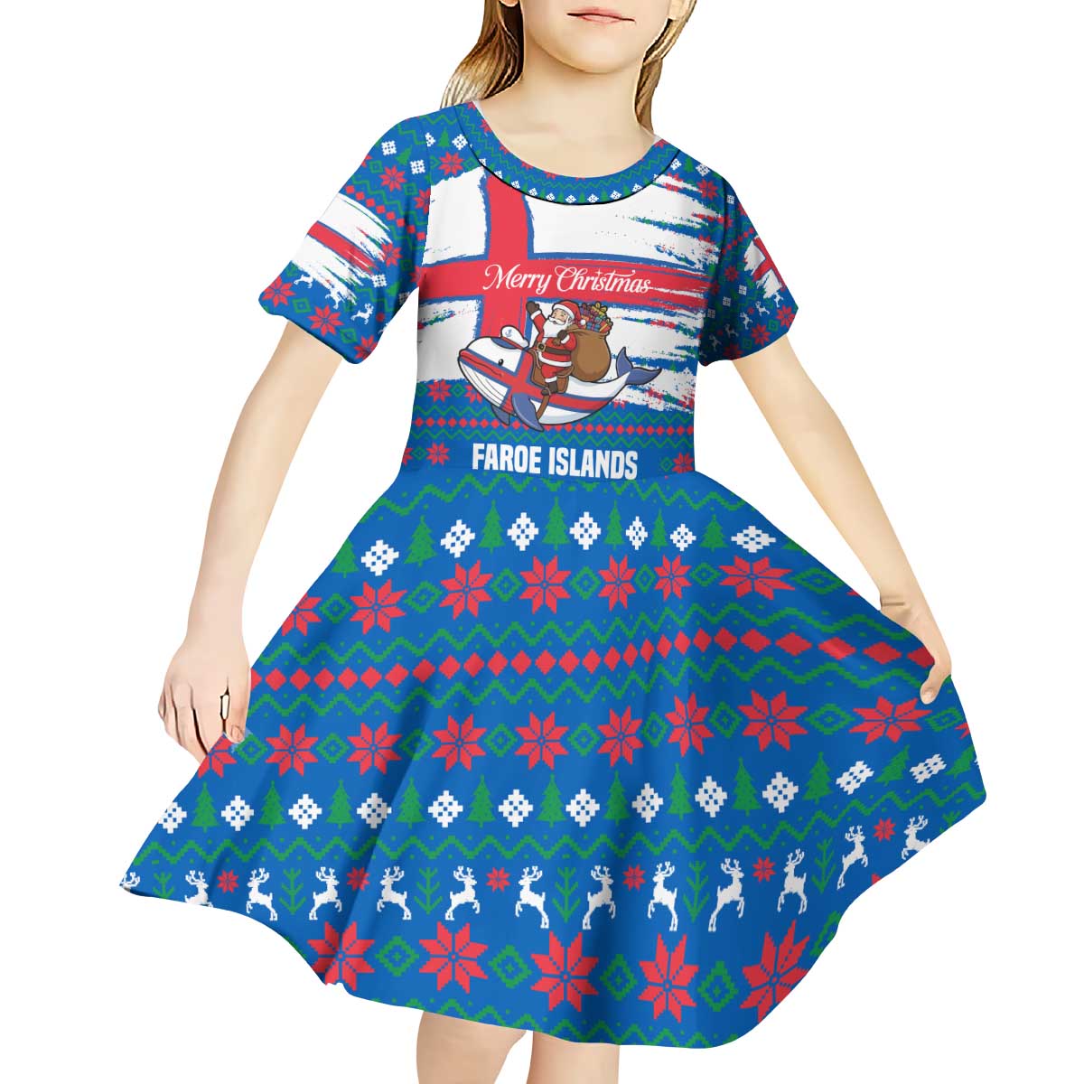 Faroe Islands Christmas Kid Short Sleeve Dress with Santa Riding Whale Faroe Flag and Blue Nordic Winter Pattern Design - Wonder Print Shop