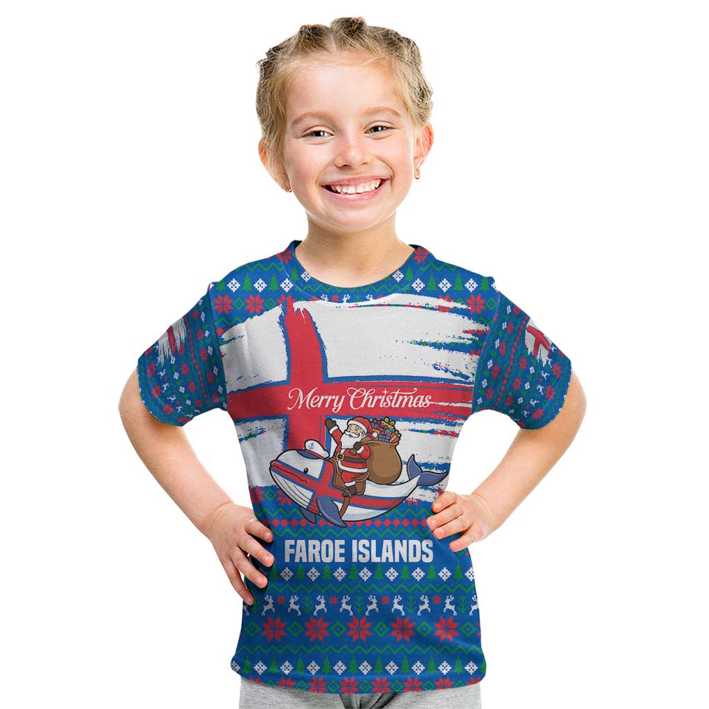 Faroe Islands Christmas Kid T Shirt with Santa Riding Whale Faroe Flag and Blue Nordic Winter Pattern Design - Wonder Print Shop