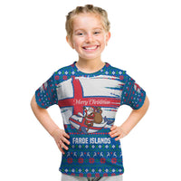 Faroe Islands Christmas Kid T Shirt with Santa Riding Whale Faroe Flag and Blue Nordic Winter Pattern Design - Wonder Print Shop