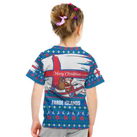 Faroe Islands Christmas Kid T Shirt with Santa Riding Whale Faroe Flag and Blue Nordic Winter Pattern Design - Wonder Print Shop