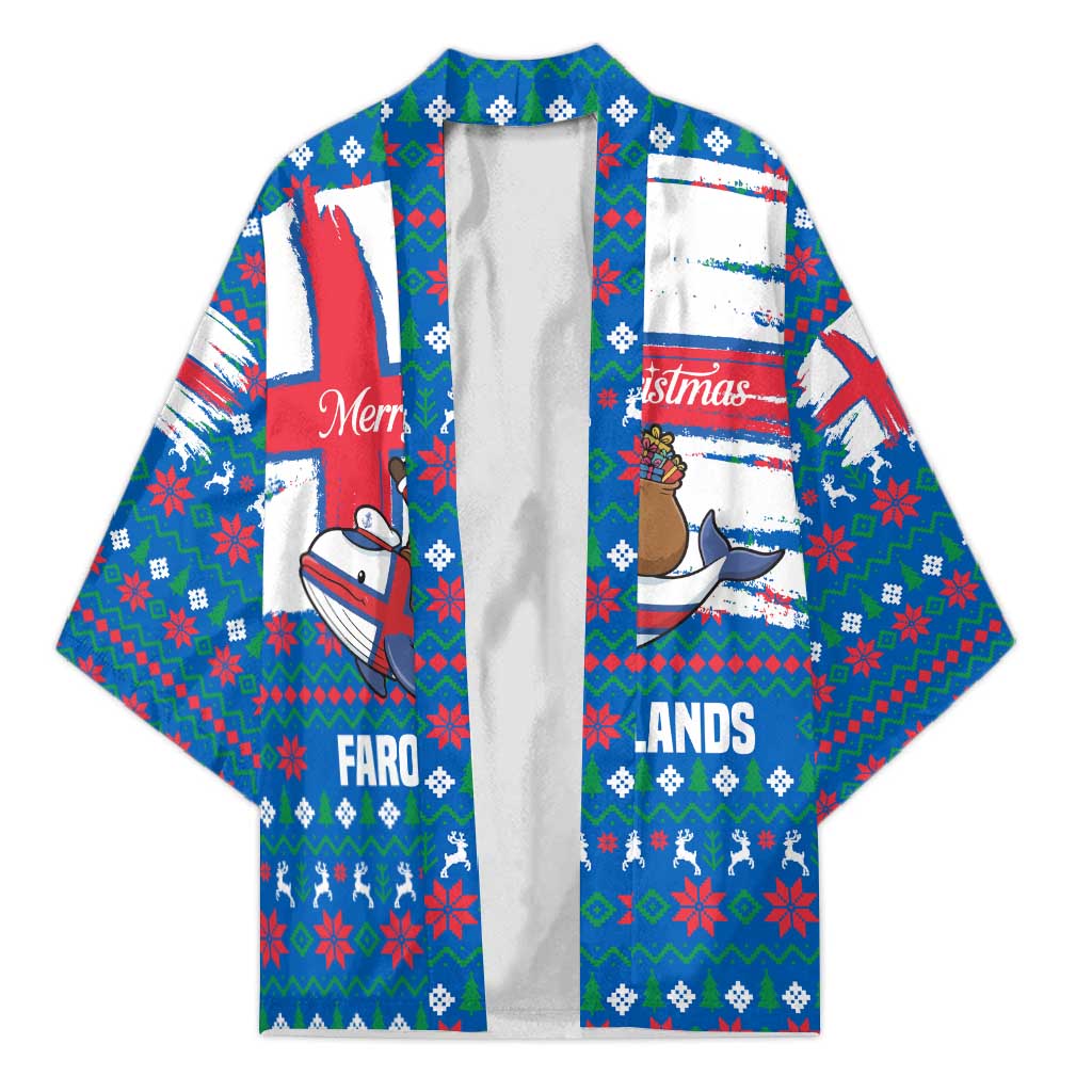 Faroe Islands Christmas Kimono with Santa Riding Whale Faroe Flag and Blue Nordic Winter Pattern Design - Wonder Print Shop