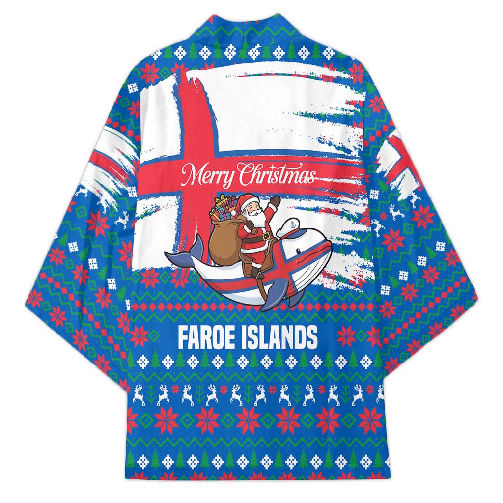 Faroe Islands Christmas Kimono with Santa Riding Whale Faroe Flag and Blue Nordic Winter Pattern Design - Wonder Print Shop